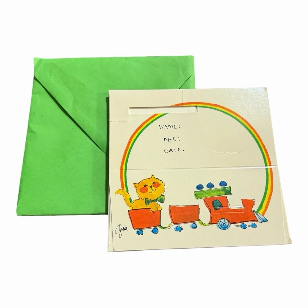 Vintage Gini Birthday Party Invitation Cat Train Rainbow Unused Green Envelope